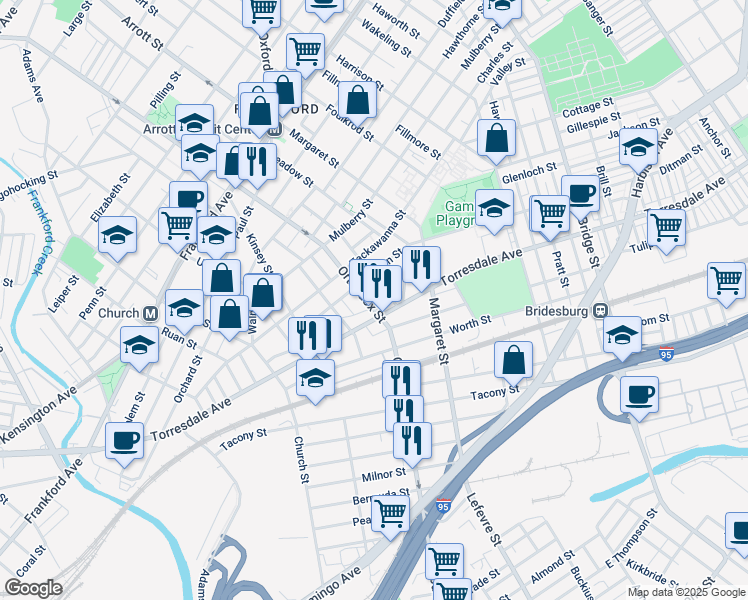 map of restaurants, bars, coffee shops, grocery stores, and more near 2025 Orthodox Street in Philadelphia
