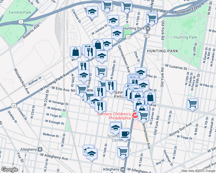 map of restaurants, bars, coffee shops, grocery stores, and more near 3745 Pulaski Avenue in Philadelphia