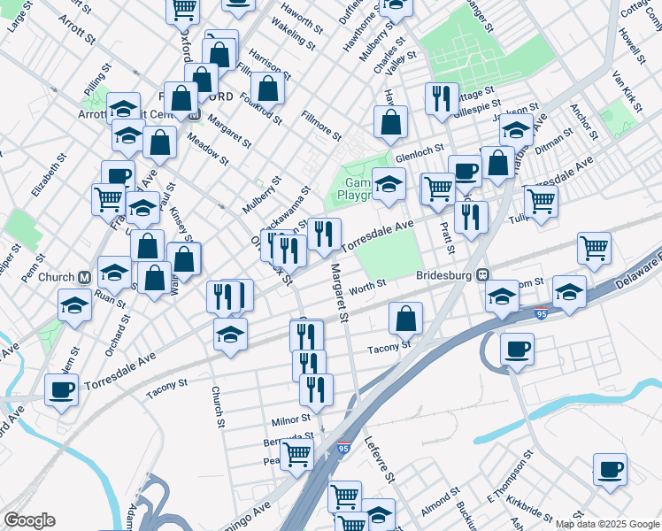 map of restaurants, bars, coffee shops, grocery stores, and more near 2074 Margaret Street in Philadelphia