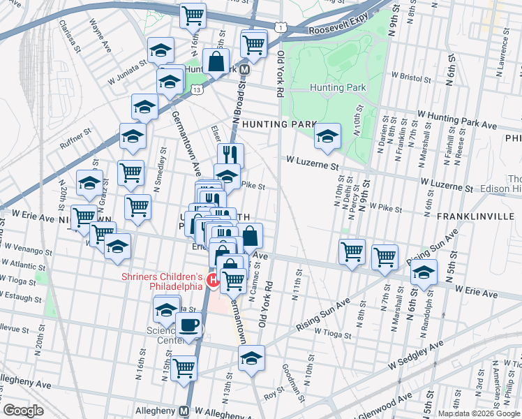 map of restaurants, bars, coffee shops, grocery stores, and more near 3815 North 13th Street in Philadelphia