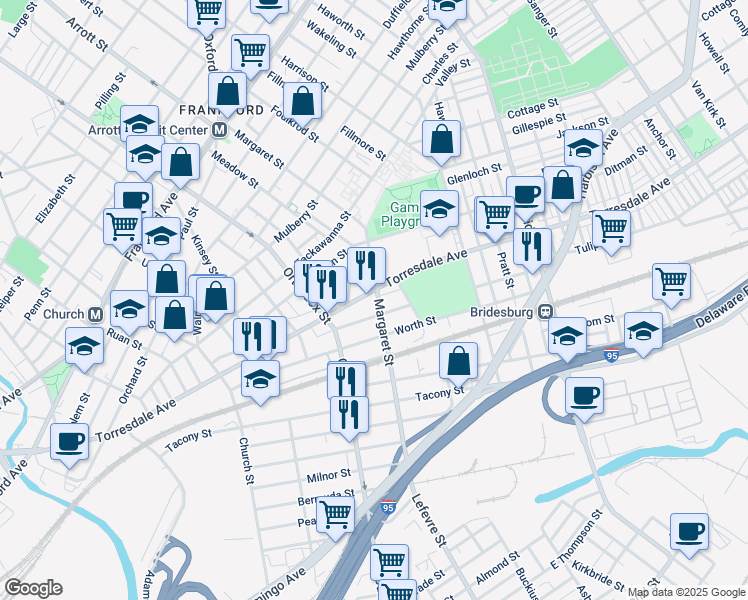 map of restaurants, bars, coffee shops, grocery stores, and more near 2074 Margaret Street in Philadelphia