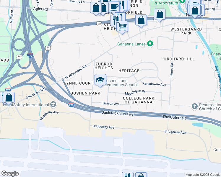 map of restaurants, bars, coffee shops, grocery stores, and more near 364 Bowling Green Place in Columbus