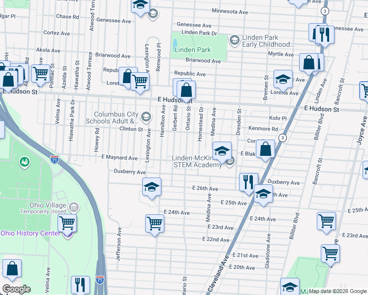 map of restaurants, bars, coffee shops, grocery stores, and more near 2203 Ontario Street in Columbus