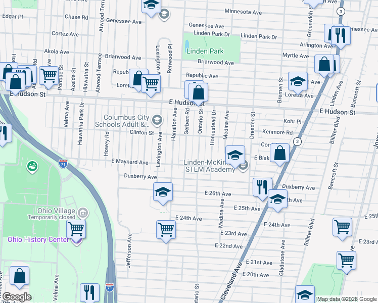 map of restaurants, bars, coffee shops, grocery stores, and more near 2211 Gerbert Road in Columbus