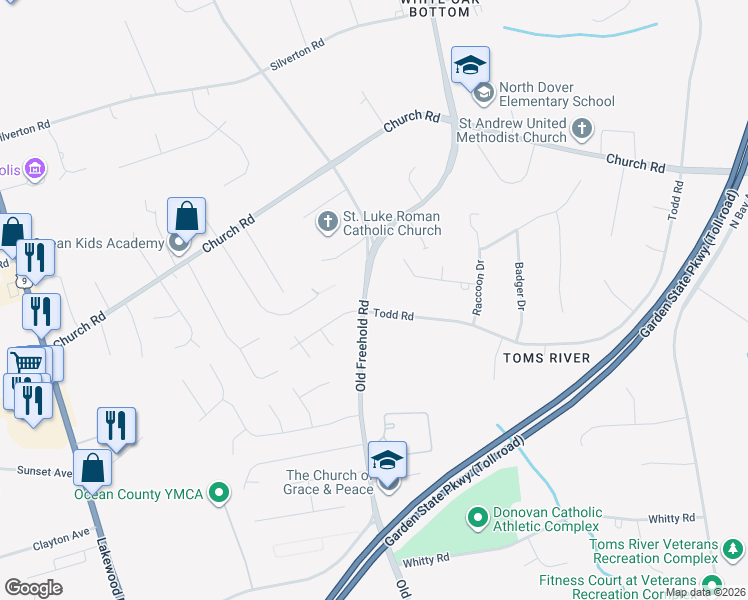 map of restaurants, bars, coffee shops, grocery stores, and more near 1302 Todd Road in Toms River