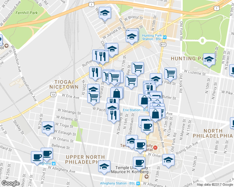 map of restaurants, bars, coffee shops, grocery stores, and more near 3744 North 17th Street in Philadelphia