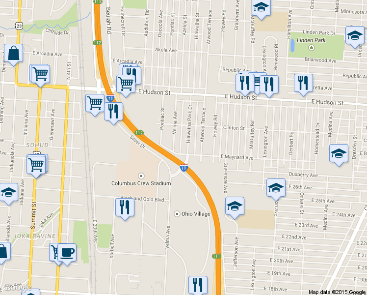 map of restaurants, bars, coffee shops, grocery stores, and more near 2257 Hiawatha Park Drive in Columbus