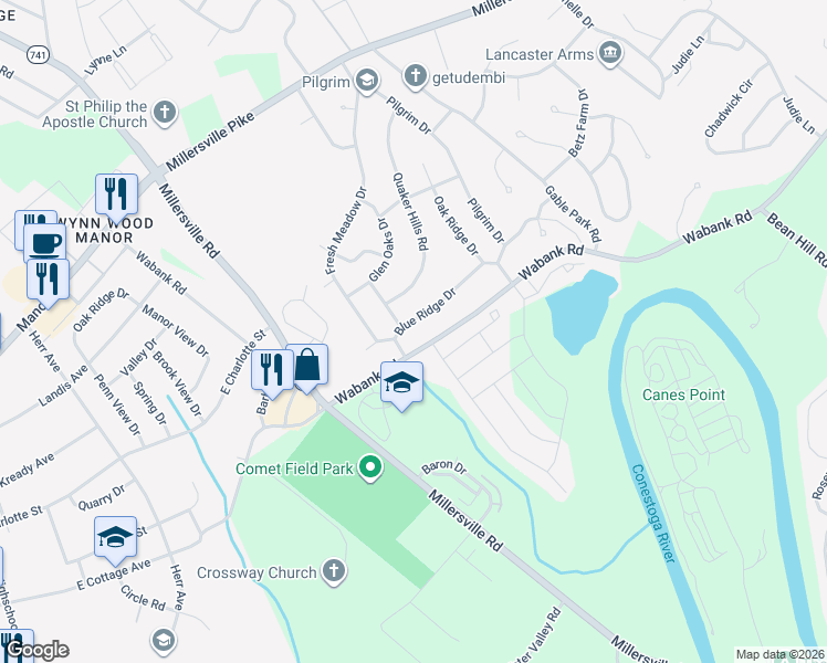 map of restaurants, bars, coffee shops, grocery stores, and more near 1932 Blue Ridge Dr in Lancaster