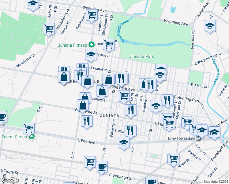 map of restaurants, bars, coffee shops, grocery stores, and more near 4139 I Street in Philadelphia