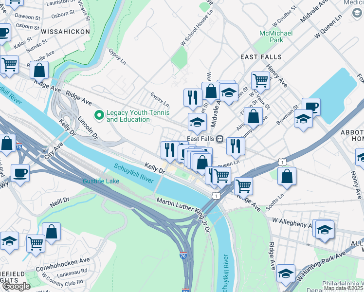 map of restaurants, bars, coffee shops, grocery stores, and more near 3691 Calumet Street in Philadelphia