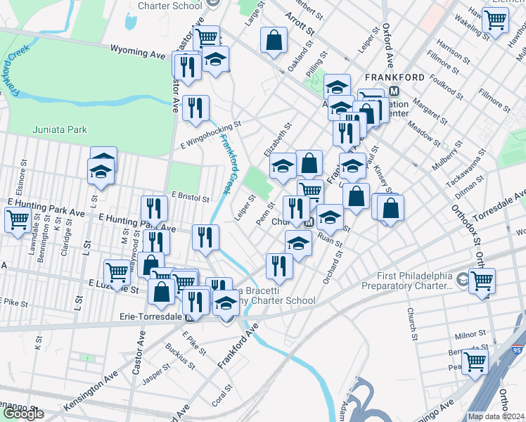 map of restaurants, bars, coffee shops, grocery stores, and more near 4258 Penn Street in Philadelphia