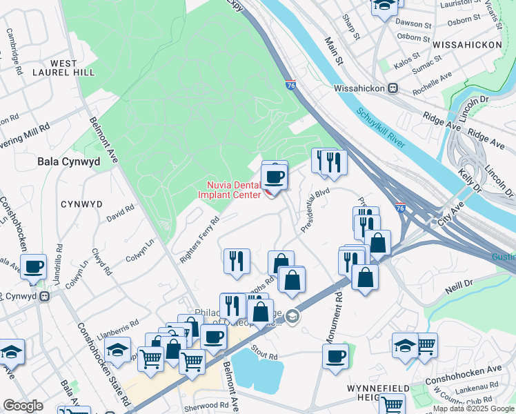 map of restaurants, bars, coffee shops, grocery stores, and more near 130 Monument Road in Bala Cynwyd