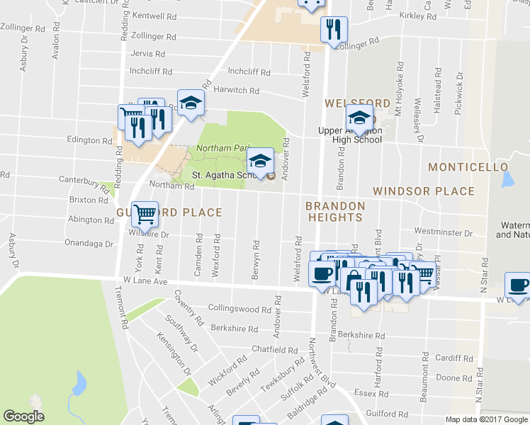 map of restaurants, bars, coffee shops, grocery stores, and more near 2676 Berwyn Road in Columbus
