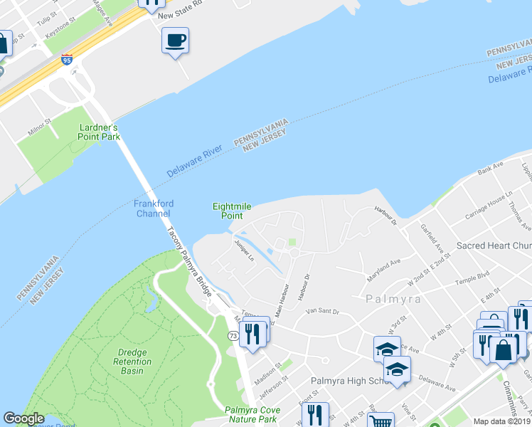 map of restaurants, bars, coffee shops, grocery stores, and more near 5807 Riverfront Drive in Palmyra
