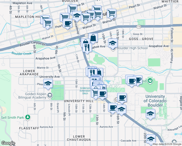 map of restaurants, bars, coffee shops, grocery stores, and more near 1405 Broadway in Boulder
