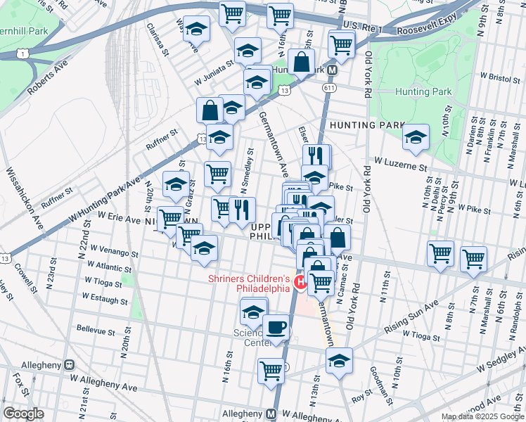 map of restaurants, bars, coffee shops, grocery stores, and more near 1524 W Butler St in Philadelphia