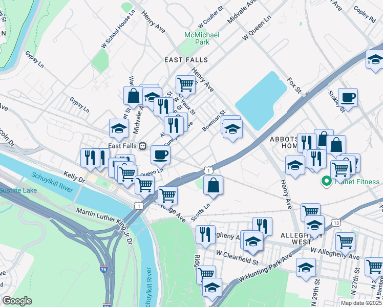 map of restaurants, bars, coffee shops, grocery stores, and more near in Philadelphia