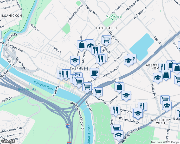 map of restaurants, bars, coffee shops, grocery stores, and more near 3361 Wiehle Street in Philadelphia