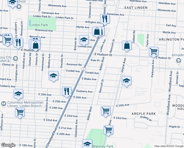 map of restaurants, bars, coffee shops, grocery stores, and more near 1607 Cordell Avenue in Columbus