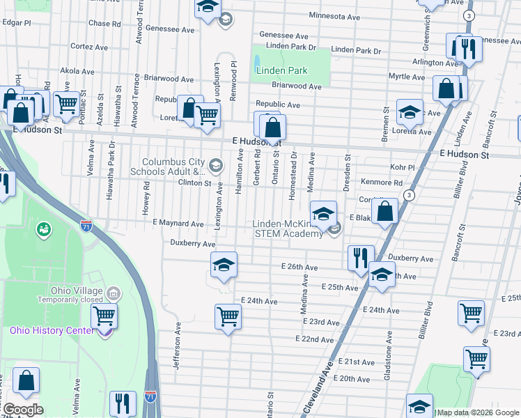 map of restaurants, bars, coffee shops, grocery stores, and more near 2211 Gerbert Road in Columbus