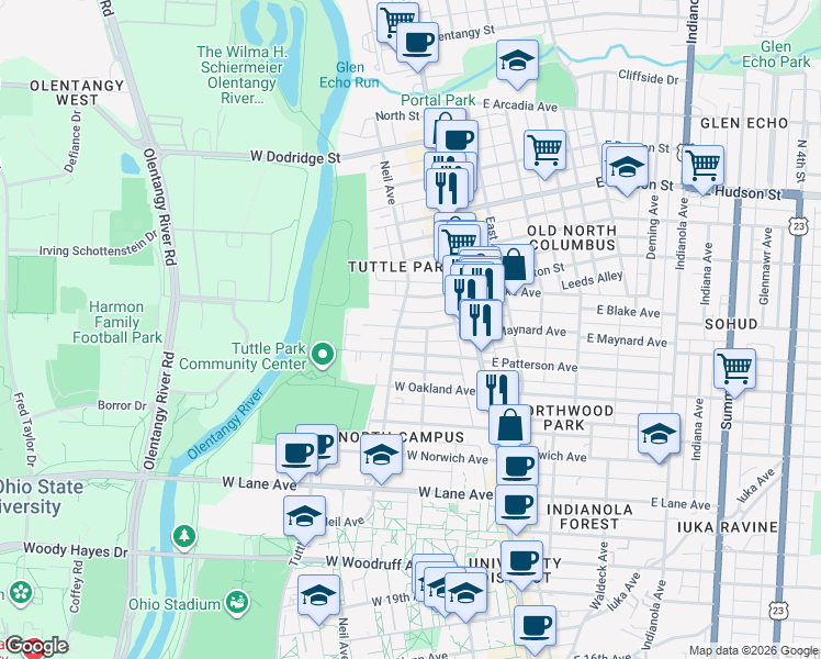 map of restaurants, bars, coffee shops, grocery stores, and more near in Columbus