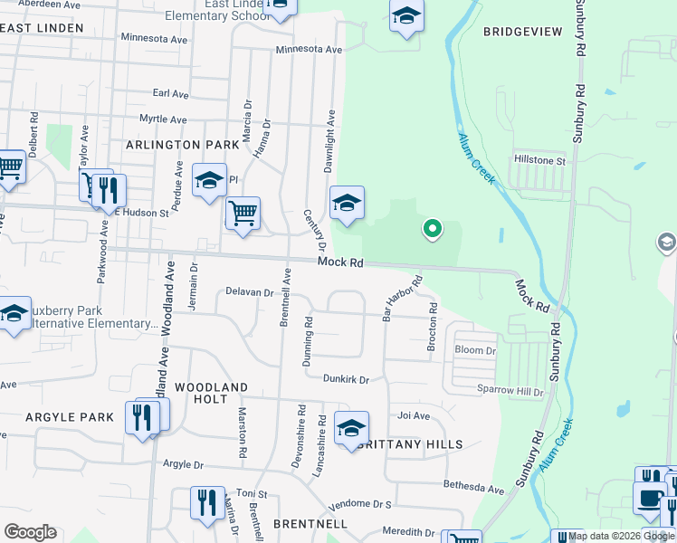 map of restaurants, bars, coffee shops, grocery stores, and more near 2439 Mock Road in Columbus