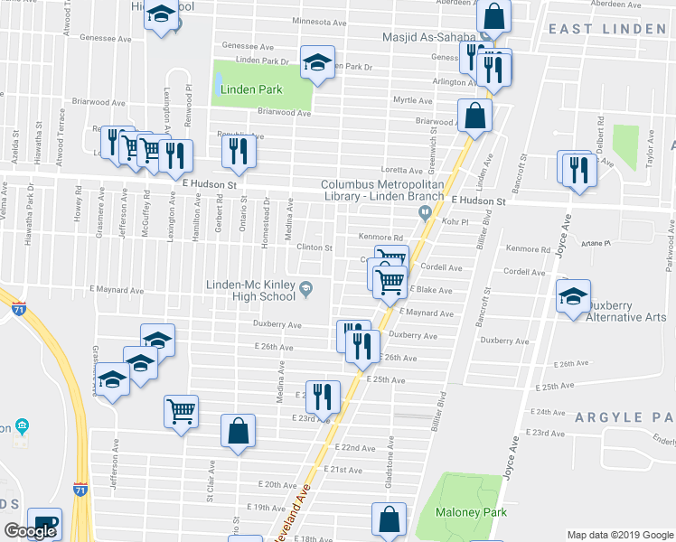 map of restaurants, bars, coffee shops, grocery stores, and more near 2186 Dresden Street in Columbus