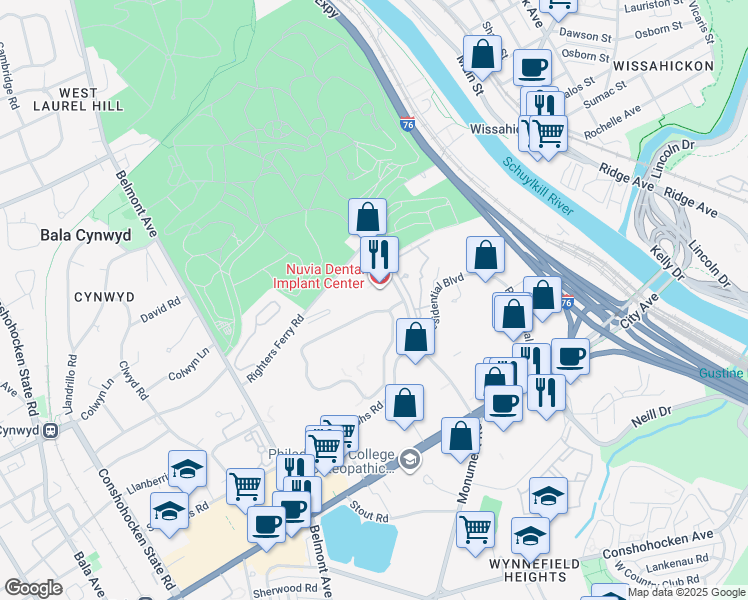 map of restaurants, bars, coffee shops, grocery stores, and more near 130 Monument Road in Bala Cynwyd