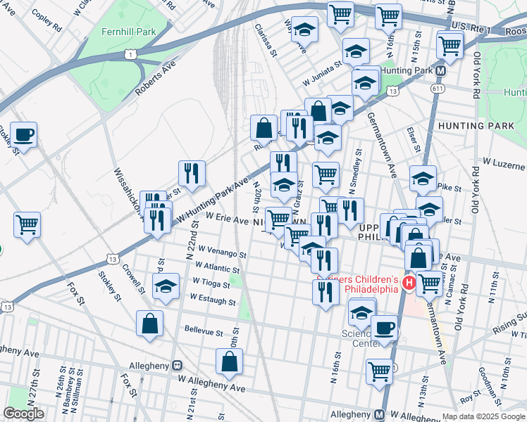 map of restaurants, bars, coffee shops, grocery stores, and more near 1932 West Airdrie Street in Philadelphia