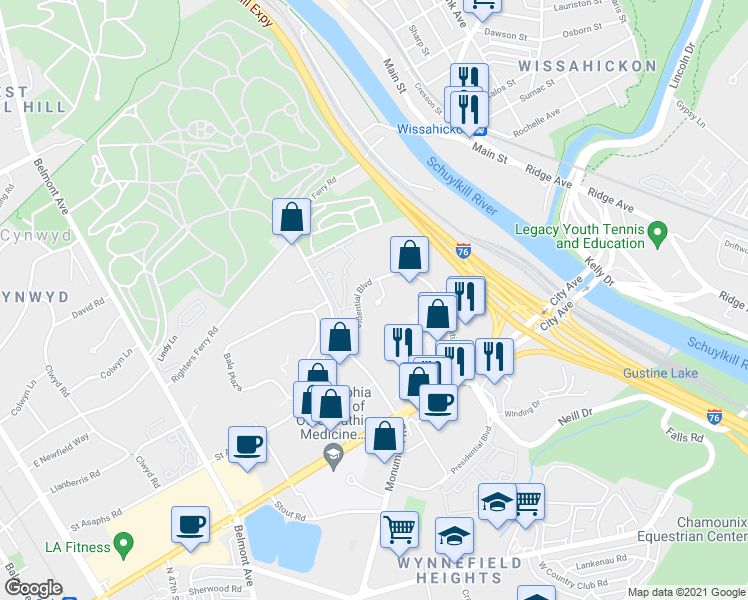 map of restaurants, bars, coffee shops, grocery stores, and more near 190 Presidential Boulevard in Bala Cynwyd