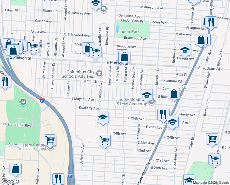 map of restaurants, bars, coffee shops, grocery stores, and more near 2211 Gerbert Road in Columbus
