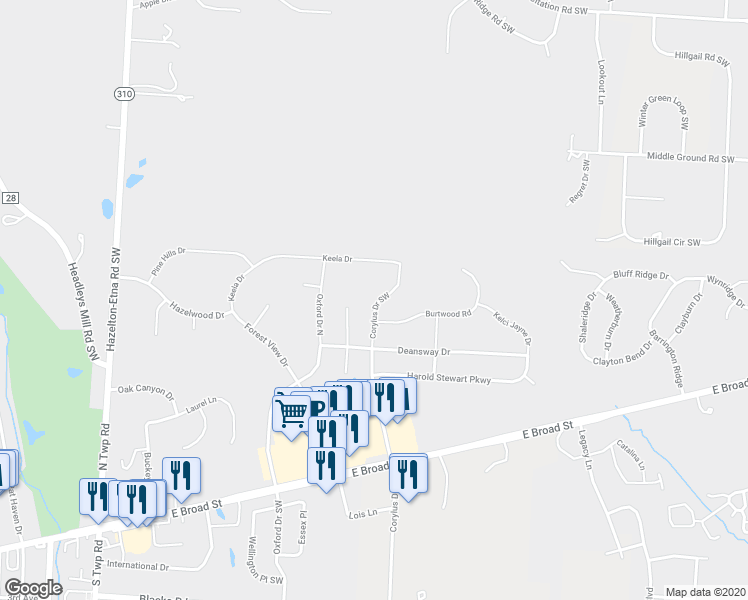 map of restaurants, bars, coffee shops, grocery stores, and more near 859 Corylus Drive Southwest in Pataskala