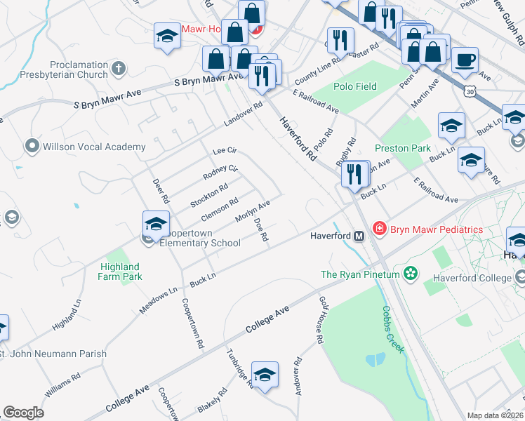 map of restaurants, bars, coffee shops, grocery stores, and more near 203 Morlyn Avenue in Bryn Mawr
