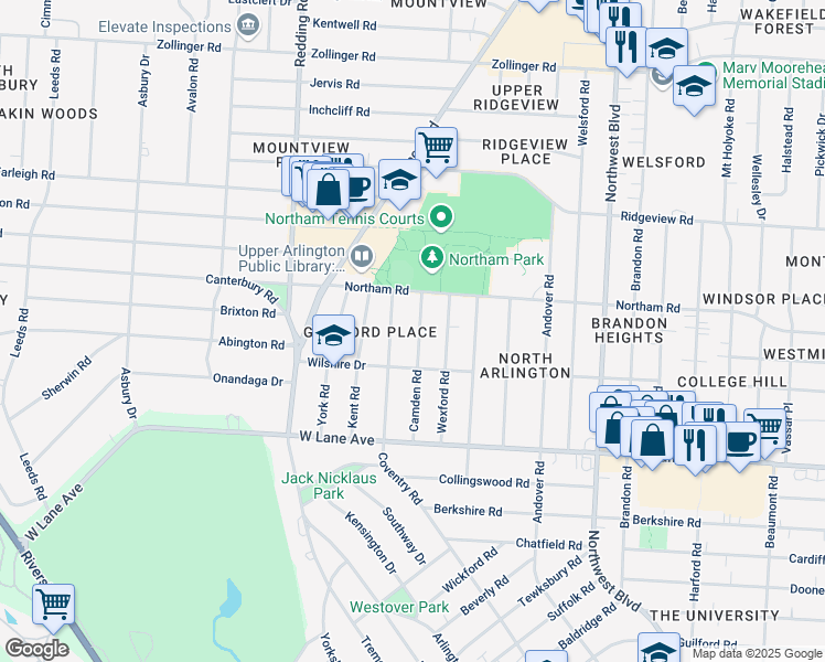 map of restaurants, bars, coffee shops, grocery stores, and more near 2697 Camden Road in Columbus