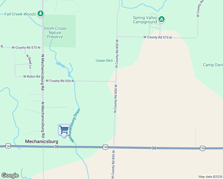 map of restaurants, bars, coffee shops, grocery stores, and more near 5474 North County Road 850 West in Middletown
