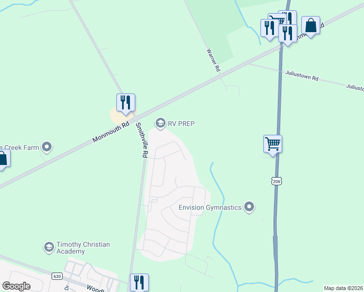 map of restaurants, bars, coffee shops, grocery stores, and more near 1048 Smithville Road in Mount Holly