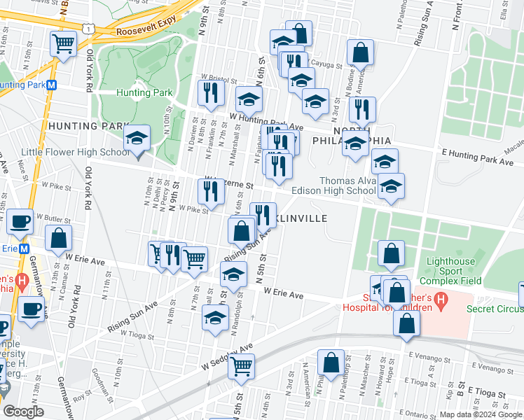 map of restaurants, bars, coffee shops, grocery stores, and more near 3919 North Reese Street in Philadelphia