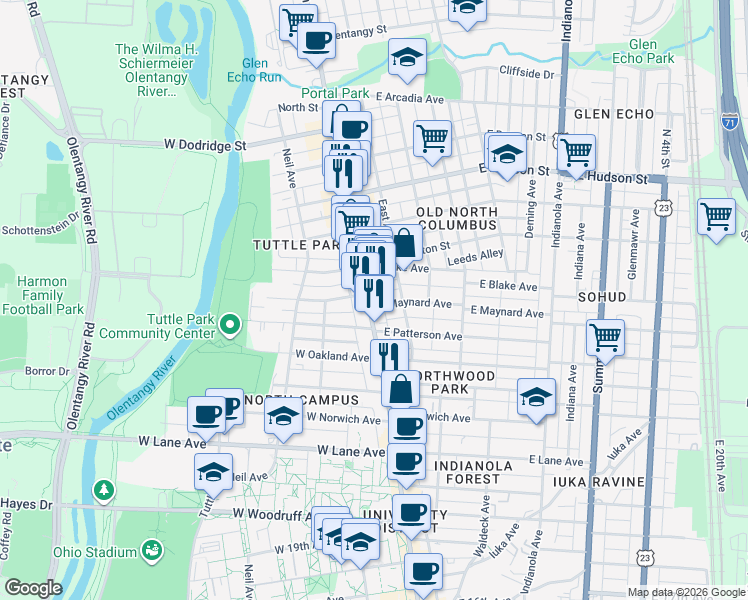 map of restaurants, bars, coffee shops, grocery stores, and more near 2386 North High Street in Columbus