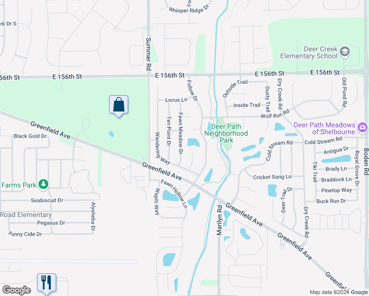 map of restaurants, bars, coffee shops, grocery stores, and more near 15260 Fawn Meadow Drive in Noblesville