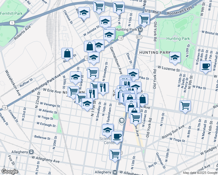 map of restaurants, bars, coffee shops, grocery stores, and more near 1538 West Butler Street in Philadelphia