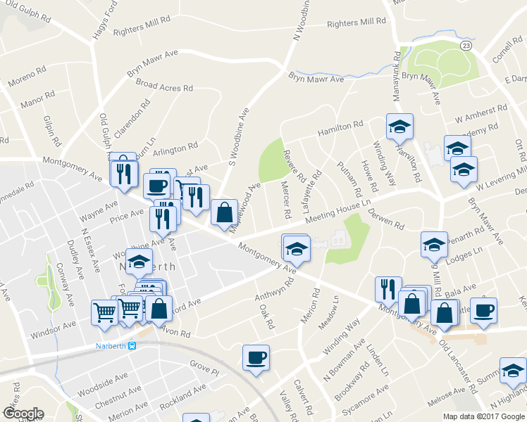map of restaurants, bars, coffee shops, grocery stores, and more near 512 Monroe Road in Merion Station