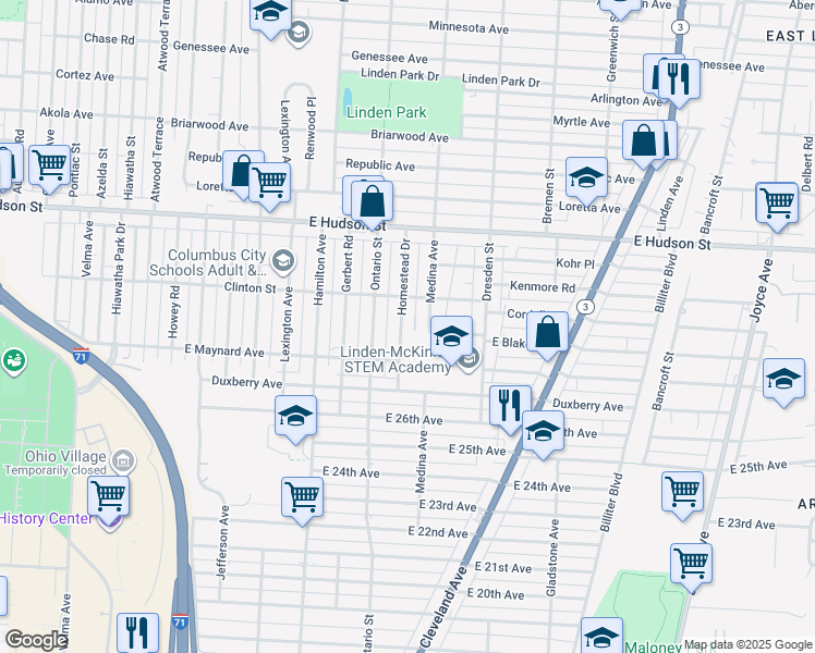 map of restaurants, bars, coffee shops, grocery stores, and more near 2200 Homestead Drive in Columbus