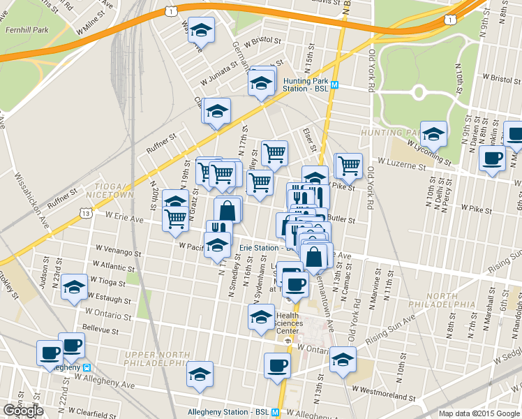 map of restaurants, bars, coffee shops, grocery stores, and more near 1538 West Butler Street in Philadelphia