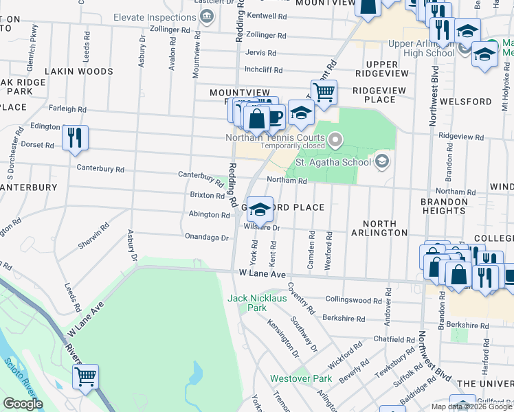 map of restaurants, bars, coffee shops, grocery stores, and more near 2715 York Road in Columbus
