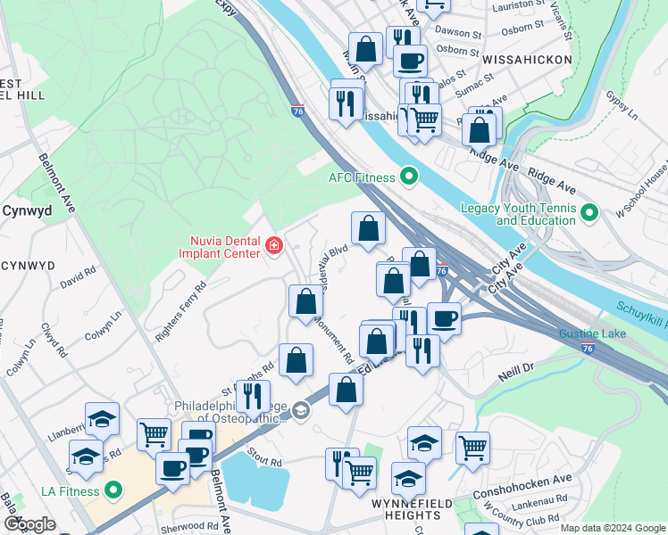 map of restaurants, bars, coffee shops, grocery stores, and more near 190 Presidential Boulevard in Bala Cynwyd