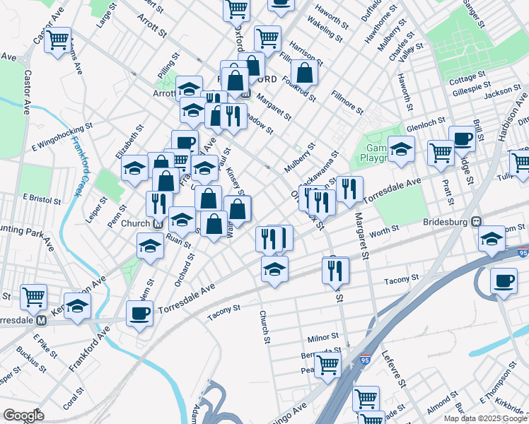 map of restaurants, bars, coffee shops, grocery stores, and more near 4520 Tackawanna Street in Philadelphia