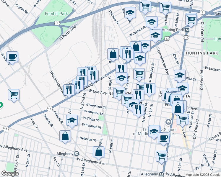 map of restaurants, bars, coffee shops, grocery stores, and more near 1944 West Airdrie Street in Philadelphia