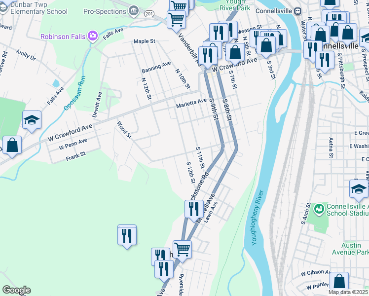 map of restaurants, bars, coffee shops, grocery stores, and more near South 12th Street in Connellsville