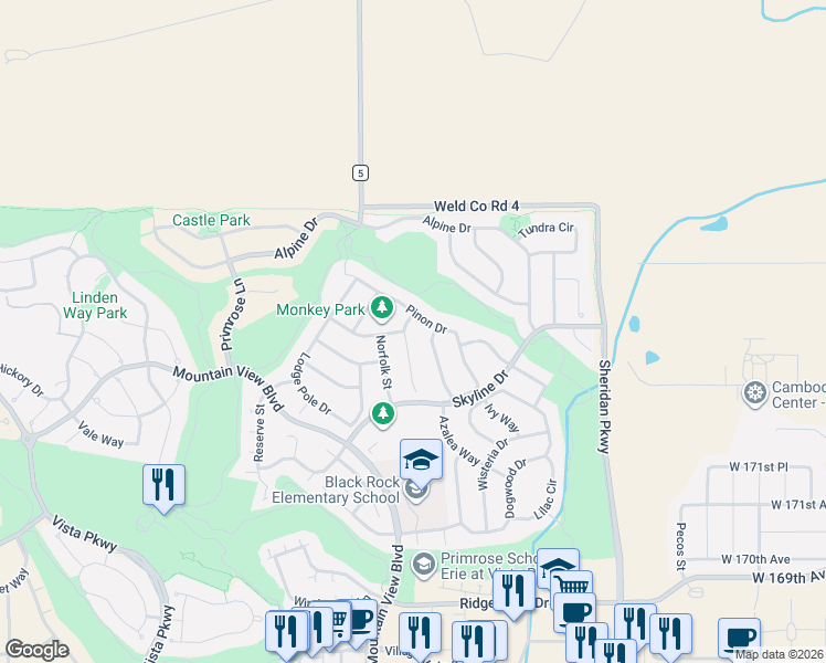 map of restaurants, bars, coffee shops, grocery stores, and more near 2252 Ponderosa Place in Erie