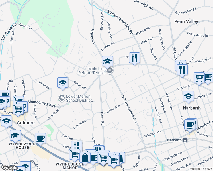 map of restaurants, bars, coffee shops, grocery stores, and more near 406 Wynmere Road in Wynnewood